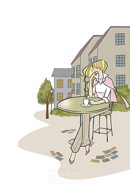 人物 女性 代 30代 1人 屋外 街 座る 飲む 飲み物 コーヒー テーブル 椅子 イラスト作品紹介 イラスト 写真のストックフォトwaha ワーハ カンプデータは無料