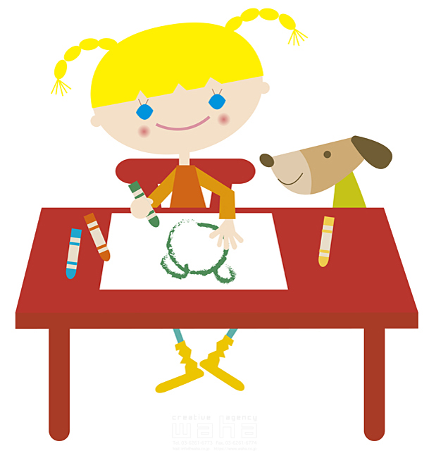 イラスト＆写真のストックフォトwaha（ワーハ）　人物、子供、女の子、1人、ペット、犬、屋内、住宅、部屋、遊ぶ、絵を描く、テーブル　たかはし なな　16-0507b