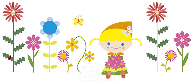 イラスト＆写真のストックフォトwaha（ワーハ）　人物、子供、女の子、1人、屋外、座る、花、昆虫、蝶　たかはし なな　16-0523bv