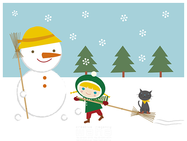 イラスト＆写真のストックフォトwaha（ワーハ）　人物、子供、女の子、1人、ペット、猫、冬、屋外、雪、遊ぶ、雪だるま　たかはし なな　16-0526b