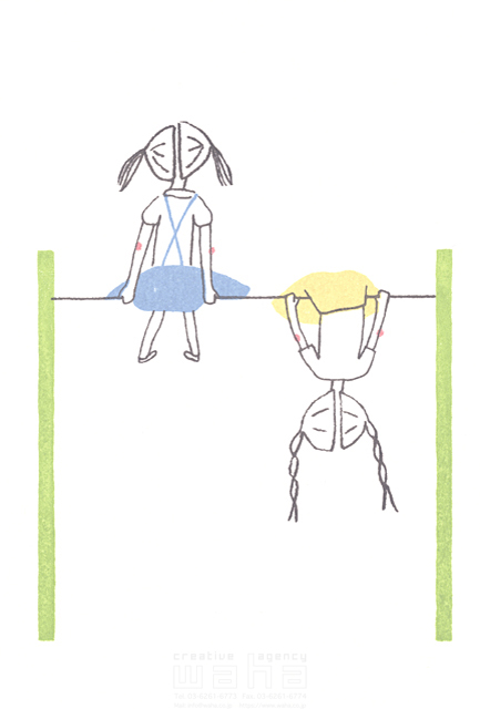 人物 子供 女の子 2人 屋外 遊ぶ 鉄棒 後ろ姿 イラスト作品紹介 イラスト 写真のストックフォトwaha ワーハ