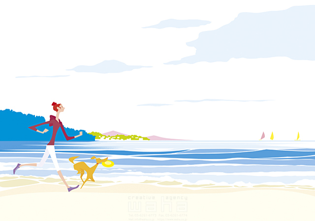 イラスト＆写真のストックフォトwaha（ワーハ）　人物、女性、20代、ペット、犬、屋外、海、浜辺、運動、ジョギング、ランニング、健康　Tatsuya　17-0117b