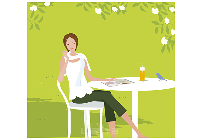 人物 女性 屋外 庭 椅子 座る 夏 ベランダ 植物 イラスト作品紹介 イラスト 写真のストックフォトwaha ワーハ カンプデータは無料
