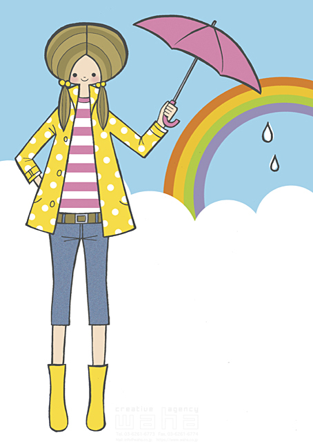 人物 女性 代 若者 1人 屋外 散歩 青空 雨 虹 見上げる 散歩 傘 コート 長靴 イラスト作品紹介 イラスト 写真のストックフォトwaha ワーハ カンプデータは無料