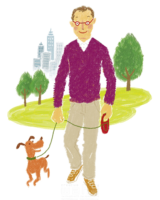 イラスト＆写真のストックフォトwaha（ワーハ）　サトーノリコ、人物、男性、中高年、父、1人、ペット、犬、屋外、公園、散歩、歩く、メガネ　サトー・ノリコ　17-0472b