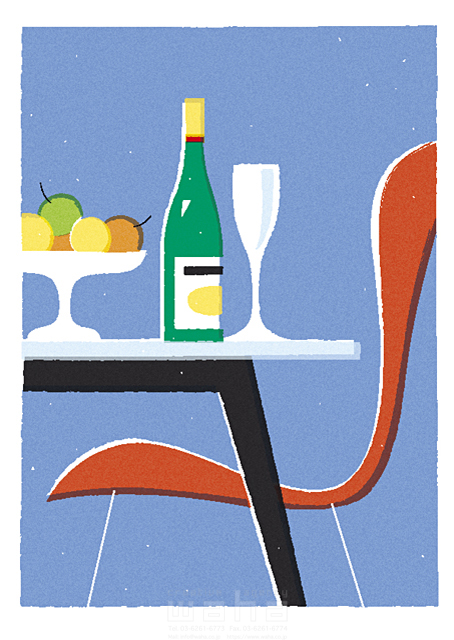 イラスト＆写真のストックフォトwaha（ワーハ）　インテリア、屋内、住宅、リビング、椅子、テーブル、飲み物、酒、シャンパン、グラス、皿、食べ物、果物　SUNNY　17-0528a