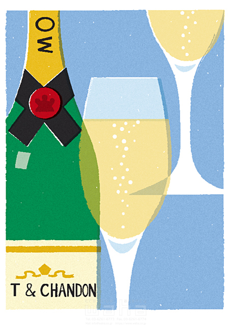 イラスト＆写真のストックフォトwaha（ワーハ）　飲み物、酒、シャンパン、グラス、パーティー、夕食、ホームパーティー、乾杯、プレゼント、誕生日、クリスマス　SUNNY　17-0536a
