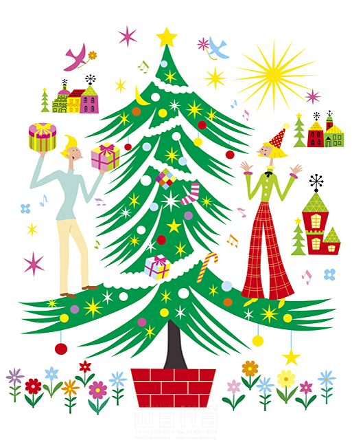 人 人々 複数 女性 男性 家族 カップル 夫婦 笑顔 クリスマス クリスマスツリー 冬 季節 シーズン 町 お祝い パーティー 楽しい 賑やか 明るい プレゼント 太陽 外国 欧米 ヨーロッパ マンガ コミック カートゥーン イラスト作品紹介