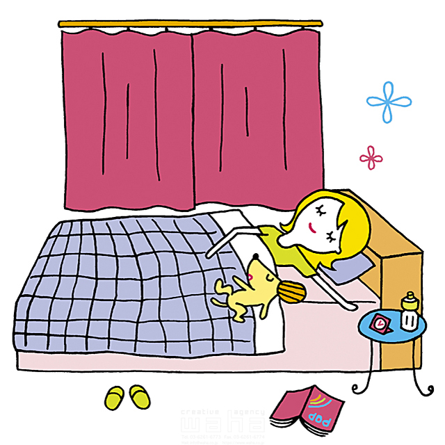 人 人物 女性 大人 ペット 犬 線画 ゆるい 可愛い 眠い 寝る 睡眠 寝室 イラスト作品紹介 イラスト 写真のストックフォトwaha ワーハ カンプデータは無料