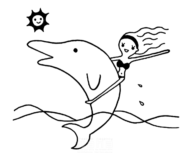 モノクロ 人 人物 女性 大人 線画 ゆるい 可愛い 笑顔 楽しい 海 動物 イルカ 水着 太陽 屋外 マリンスポーツ イラスト作品紹介 イラスト 写真のストックフォトwaha ワーハ カンプデータは無料