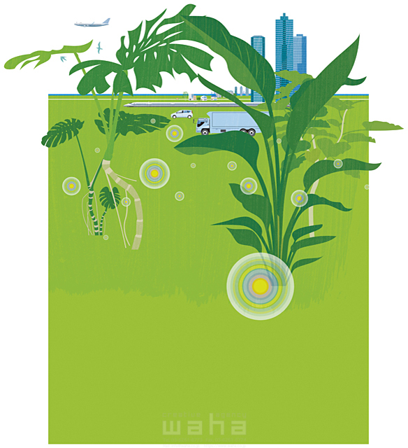 イラスト＆写真のストックフォトwaha（ワーハ）　植物、屋外、街、自動車、緑、エコロジー　小沢和夫イラスト工房　17-1434bv