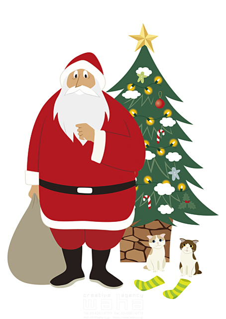 イラスト＆写真のストックフォトwaha（ワーハ）　人物、キャラクター、サンタクロース、1人、クリスマス、クリスマスツリー　両口 和史　18-0055b