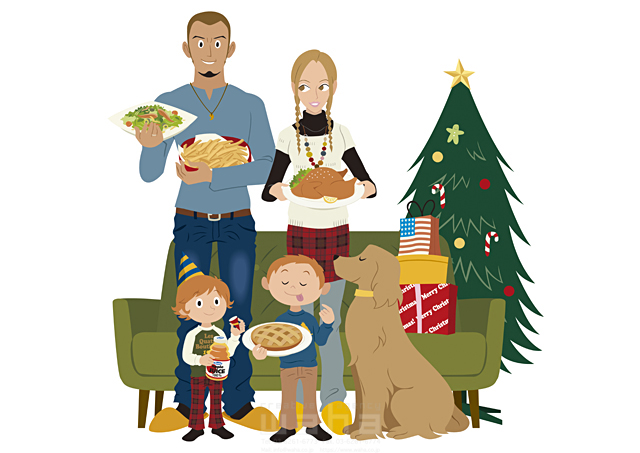 イラスト＆写真のストックフォトwaha（ワーハ）　人物、家族、親子、父、母、息子、4人、ペット、犬、屋内、リビング、クリスマス、パーティー、夕食、料理　両口 和史　18-0056c