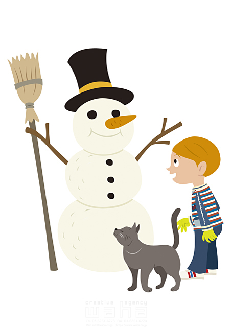 イラスト＆写真のストックフォトwaha（ワーハ）　人物、子供、男の子、1人、雪だるま、屋外、冬　両口 和史　18-0058b