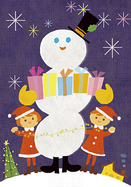 イラスト＆写真のストックフォトwaha（ワーハ）　人物、子供、男の子、女の子、2人、クリスマス、プレゼント、雪だるま　大野 和夫　18-0091b
