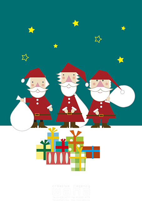 イラスト＆写真のストックフォトwaha（ワーハ）　キャラクター、サンタクロース、3人、クリスマス、プレゼント　たかはし なな　18-0092b