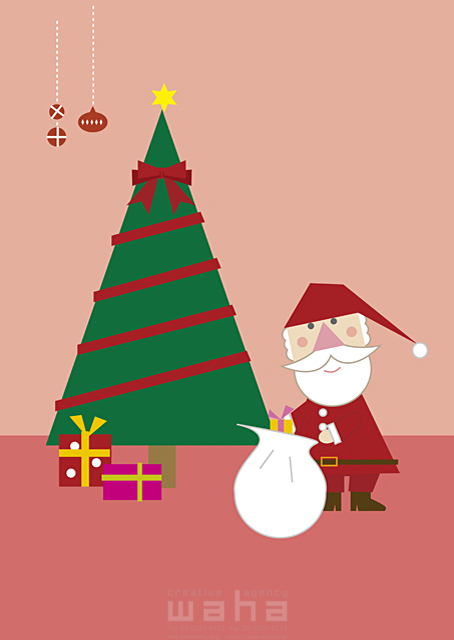 イラスト＆写真のストックフォトwaha（ワーハ）　キャラクター、サンタクロース、クリスマス、屋内、部屋、プレゼント　たかはし なな　18-0093b