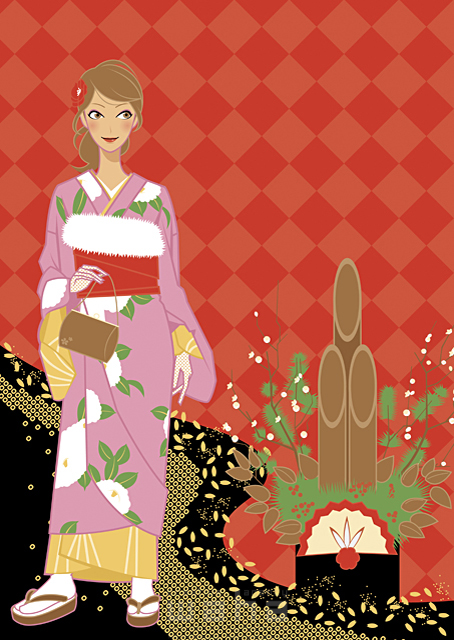 イラスト＆写真のストックフォトwaha（ワーハ）　人物、女性、1人、和風、正月、着物、振袖、門松　山近 エージ　18-0110b