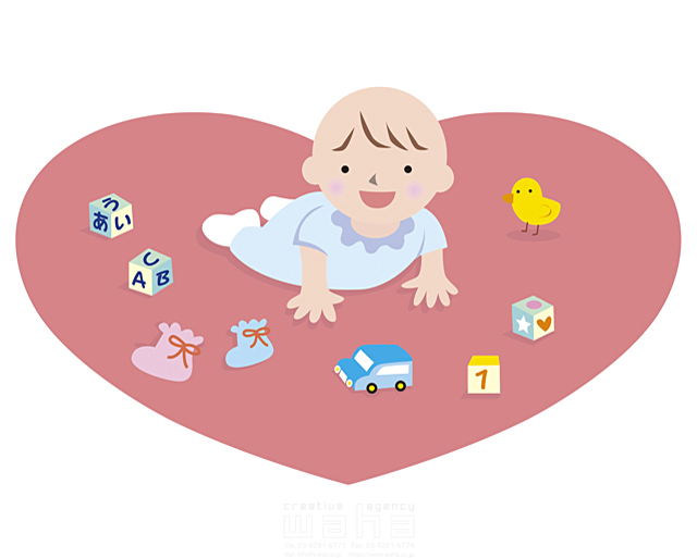 イラスト＆写真のストックフォトwaha（ワーハ）　人物、赤ちゃん、おもちゃ、笑顔、ハート、愛情、白バック　清水 たまえ　18-2647b