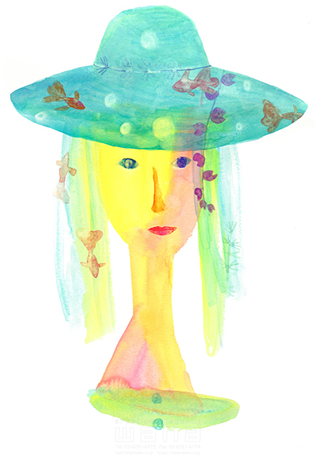 イラスト＆写真のストックフォトwaha（ワーハ）　人物、女性、1人、夏、金魚、帽子、顔、白バック　すがわら けいこ　18-3078b