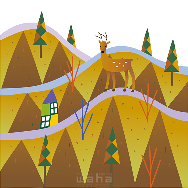 イラスト＆写真のストックフォトwaha（ワーハ）　自然、風景、秋、冬、鹿、シカ、メルヘン　荒蒔 悦子　18-3745b