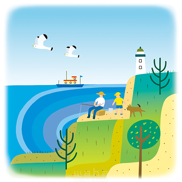 人物 親子 父 男の子 2人 自然 風景 夏 海 釣り 船 灯台 カモメ 犬 イラスト作品紹介 イラスト 写真のストックフォトwaha ワーハ カンプデータは無料