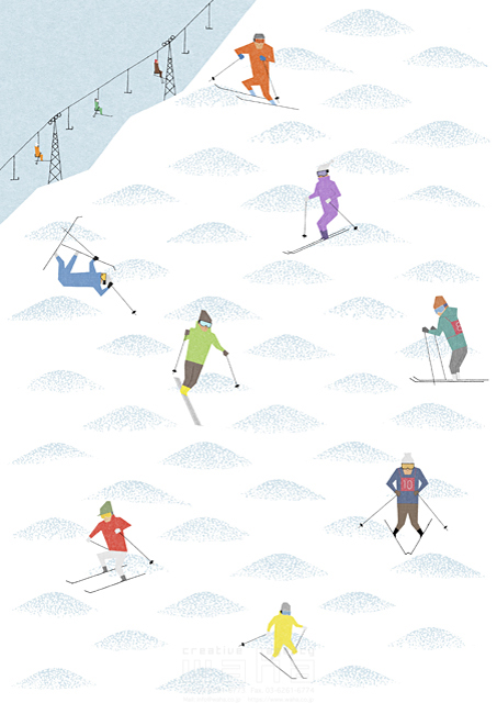 イラスト＆写真のストックフォトwaha（ワーハ）　人物、群衆、人々、若者、スポーツ、スキー、滑る、下りる、スキーウェア、リフト、冬、雪、ゲレンデ、寒い、レース　武政 諒　18-3770b