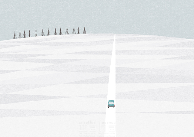イラスト＆写真のストックフォトwaha（ワーハ）　風景、乗り物、自動車、走る、ドライブ、一本道、雪、雪国、北海道、冬、寒い、空、自然　武政 諒　18-3771b