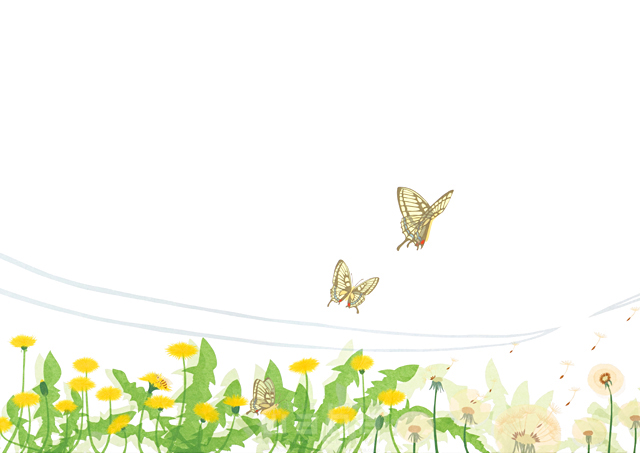 イラスト＆写真のストックフォトwaha（ワーハ）　自然、植物、蝶、チョウチョ、たんぽぽ、タンポポ、そよ風、気持ち良い、ゆったり、春、穏やか、貼り絵　鈴木 百絵　18-3848c