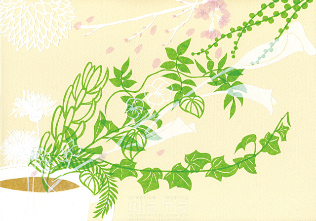イラスト＆写真のストックフォトwaha（ワーハ）　自然、植物、鉢植え、矢車草、ヤグルマソウ、桜、サクラ、デューカドロン、ゆったり、春、穏やか、貼り絵　鈴木 百絵　18-3852c