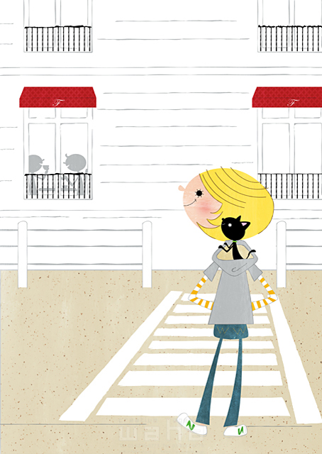 人物 若者 女性 代 1人 屋外 散歩 横断歩道 待つ 見る 微笑む 動物 ペット 猫 黒猫 外国人 かわいい イラスト作品紹介 イラスト 写真のストックフォトwaha ワーハ カンプデータは無料