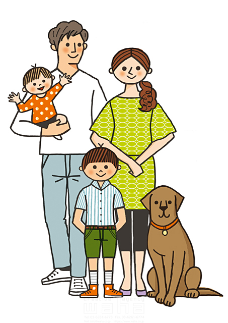 イラスト＆写真のストックフォトwaha（ワーハ）　人物、家族、親子、子供、赤ちゃん、ペット、犬、仲良し、白バック　オカダ ケイコ　18-3877b