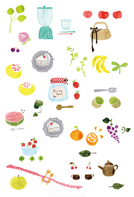 料理 食材 キッチン用品 果物 フルーツ 水彩 やわらかい かわいい 白バック イラスト作品紹介 イラスト 写真のストックフォトwaha ワーハ カンプデータは無料