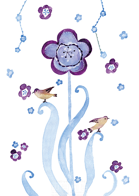 植物 花 動物 小鳥 さえずる ナチュラル メルヘン 自然 ピュア エコ 青い花 水彩 やわらかい かわいい 白バック イラスト作品紹介 イラスト 写真のストックフォトwaha ワーハ