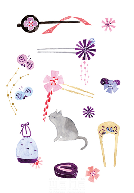 イラスト＆写真のストックフォトwaha（ワーハ）　生活小物、和、日本、情緒、かんざし、京都、髪飾り、動物、ペット、猫、メルヘン、水彩、やわらかい、かわいい、白バック　naginohi　18-4048b