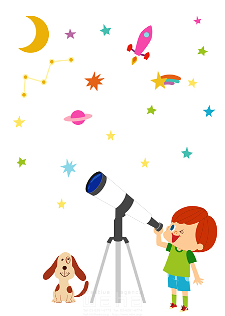人物 子供 学生 小学生 1人 室外 ペット 犬 望遠鏡 天体観測 宇宙 覗く 見る 星 夜空 月 好奇心 わくわく 楽しむ 夢 元気 白バック イラスト作品紹介 イラスト 写真のストックフォトwaha ワーハ