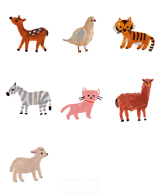 イラスト＆写真のストックフォトwaha（ワーハ）　動物、バンビ、子鹿、鳩、虎、シマウマ、子猫、猫、子羊、アルパカ、ほのぼの、かわいい、白バック　熊本 奈津子　18-4127a