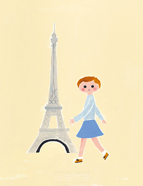 人物 女性 女の子 1人 散歩 海外 旅行 エッフェル塔 パリ フランス 素朴 ほのぼの イラスト作品紹介 イラスト 写真のストックフォトwaha ワーハ カンプデータは無料