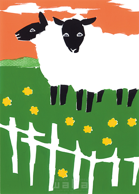 イラスト＆写真のストックフォトwaha（ワーハ）　動物、羊、牧場、野花、夕暮れ　林 なつこ　18-4150a