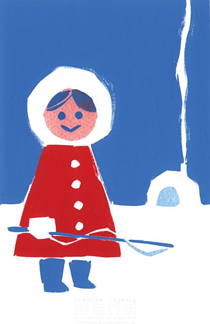 イラスト＆写真のストックフォトwaha（ワーハ）　人物、子供、釣り、雪、氷、防寒着、かまくら、冬、海外　林 なつこ　18-4152a