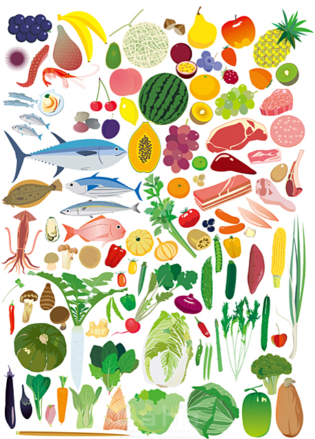 イラスト＆写真のストックフォトwaha（ワーハ）　食材、野菜、果物、フルーツ、魚、安心、安全、新鮮、白バック　まるやま えみこ　18-4218b