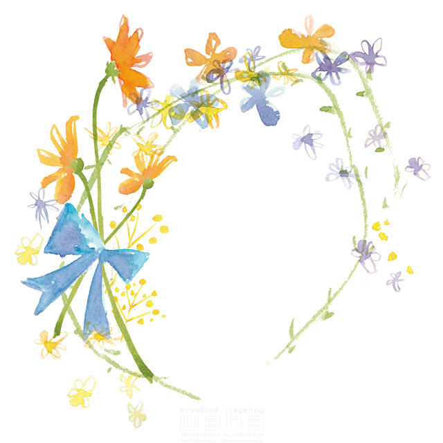 イラスト＆写真のストックフォトwaha（ワーハ）　自然、植物、花、花輪、リース、リボン、花束、ミモザ、華やか、ピュア、ナチュラル、エコ、ガーデンライフ、水彩、白バック　たけもと えりこ　18-4251b