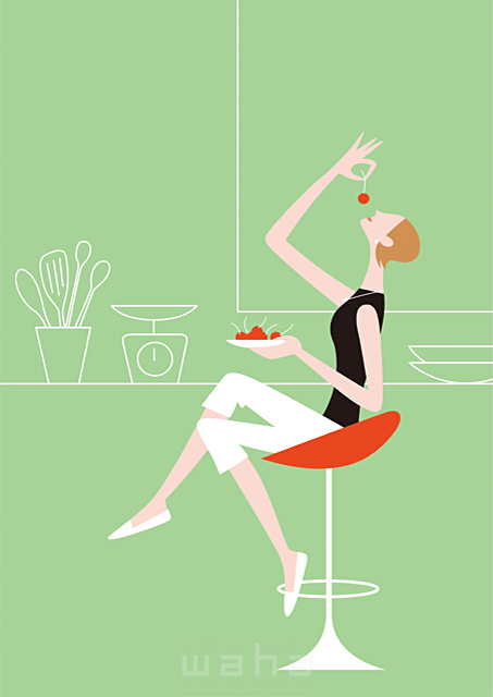 人物 女性 1人 代 30代 生活 日常 キッチン ダイニング リラックス くつろぐ 食べる おしゃれ イラスト作品紹介 イラスト 写真のストックフォトwaha ワーハ カンプデータは無料