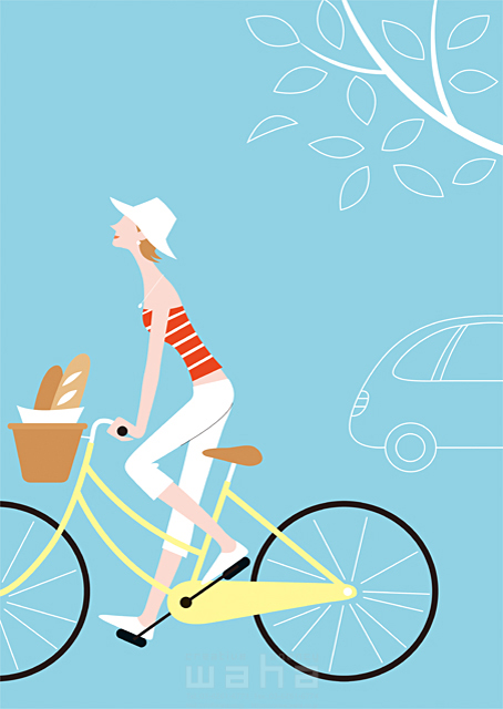人物 女性 1人 代 30代 生活 日常 ショッピング 自転車 元気 いきいき フランスパン 街並み おしゃれ イラスト作品紹介 イラスト 写真のストックフォトwaha ワーハ