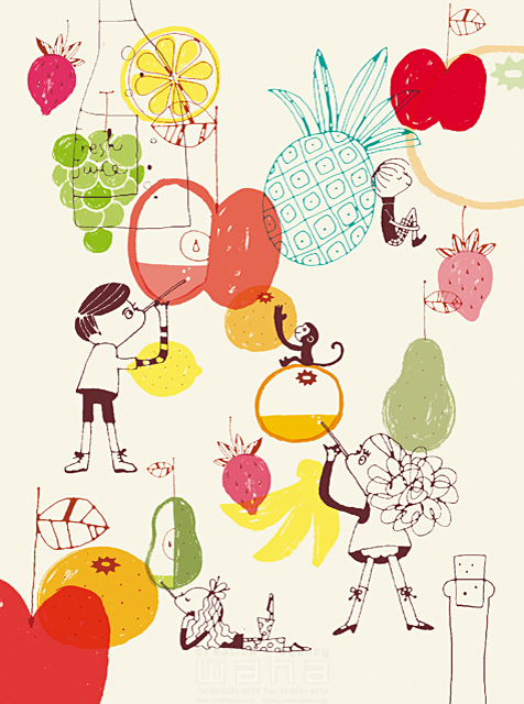 イラスト＆写真のストックフォトwaha（ワーハ）　人物、グループ、子供、食べ物、フルーツ、果物、遊ぶ、シャボン玉、ふくらむ、キッチン　yaku　18-4320b