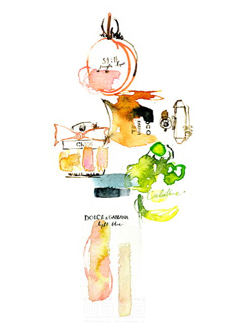 イラスト＆写真のストックフォトwaha（ワーハ）　雑貨、小物、アクセサリー、香水入れ、小瓶、コスメ、ファッション、ビューティ、水彩、おしゃれ、白バック　Hiroe　18-4337b