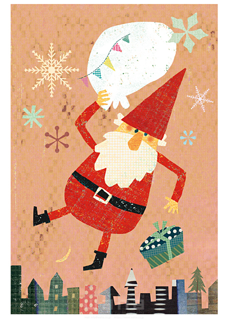 イラスト＆写真のストックフォトwaha（ワーハ）　人物イメージ、1人、サンタクロース、クリスマス、プレゼント、ギフト、メルヘン、街並、かわいい　上原 ユミ　18-4493b