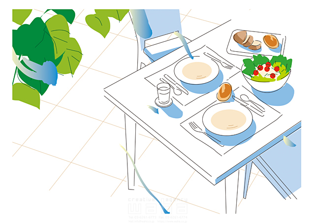 イラスト＆写真のストックフォトwaha（ワーハ）　料理、テーブル、椅子、スープ、パン、サラダ、食器、ナイフ、フォーク、スプーン、食べ物、飲み物、葉、朝食　都筑 みなみ　18-4536c