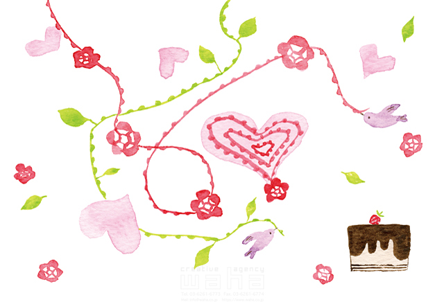 イラスト＆写真のストックフォトwaha（ワーハ）　ハート、花、ケーキ、小鳥、やわらかい、水彩、白バック　naginohi　18-4554b