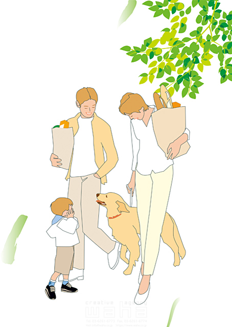 人物 家族 親子 3人 父 母 子供 息子 ペット 犬 散歩 ショッピング 屋外 イラスト作品紹介 イラスト 写真のストックフォトwaha ワーハ カンプデータは無料